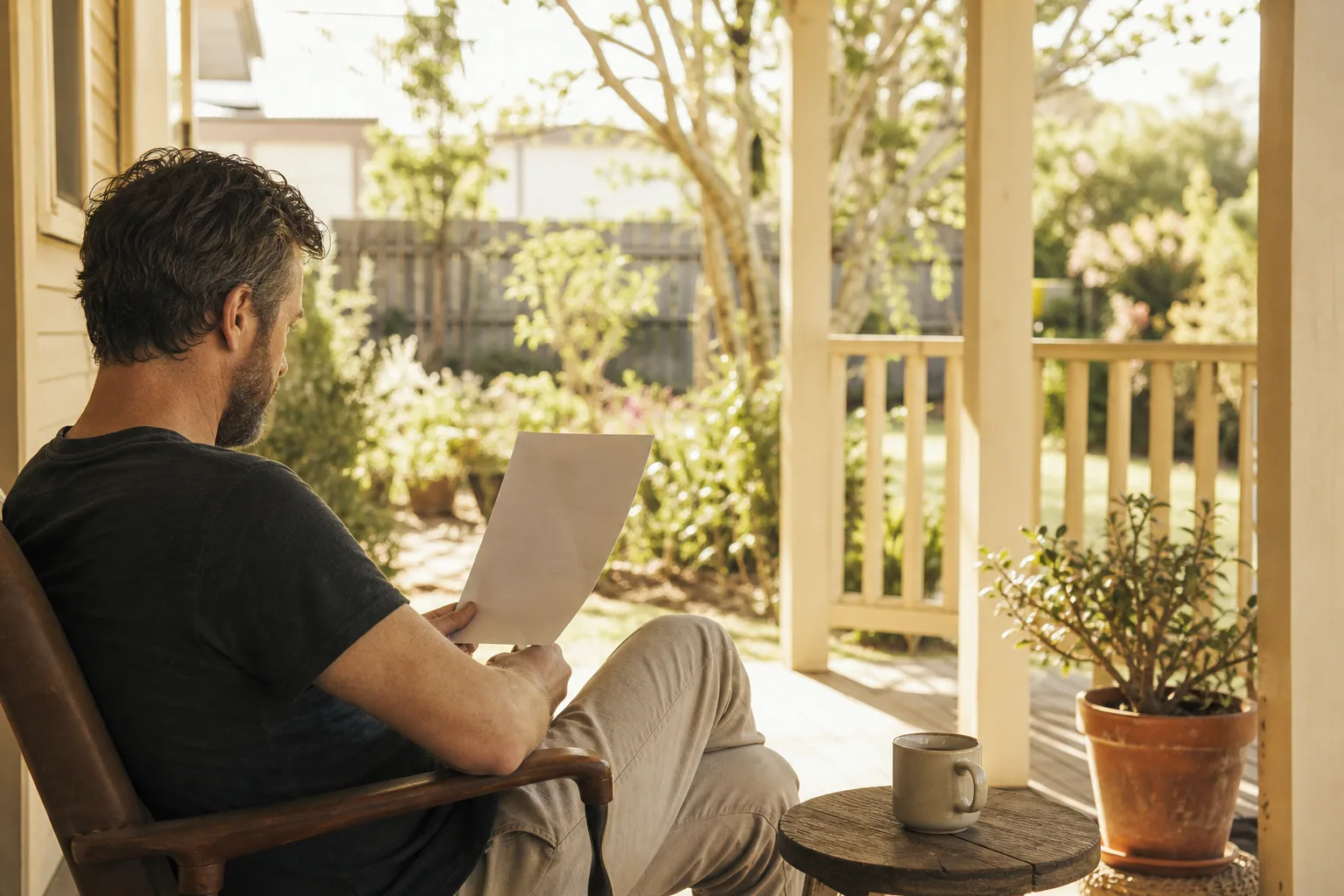 A man reading family correspondence on his verandah