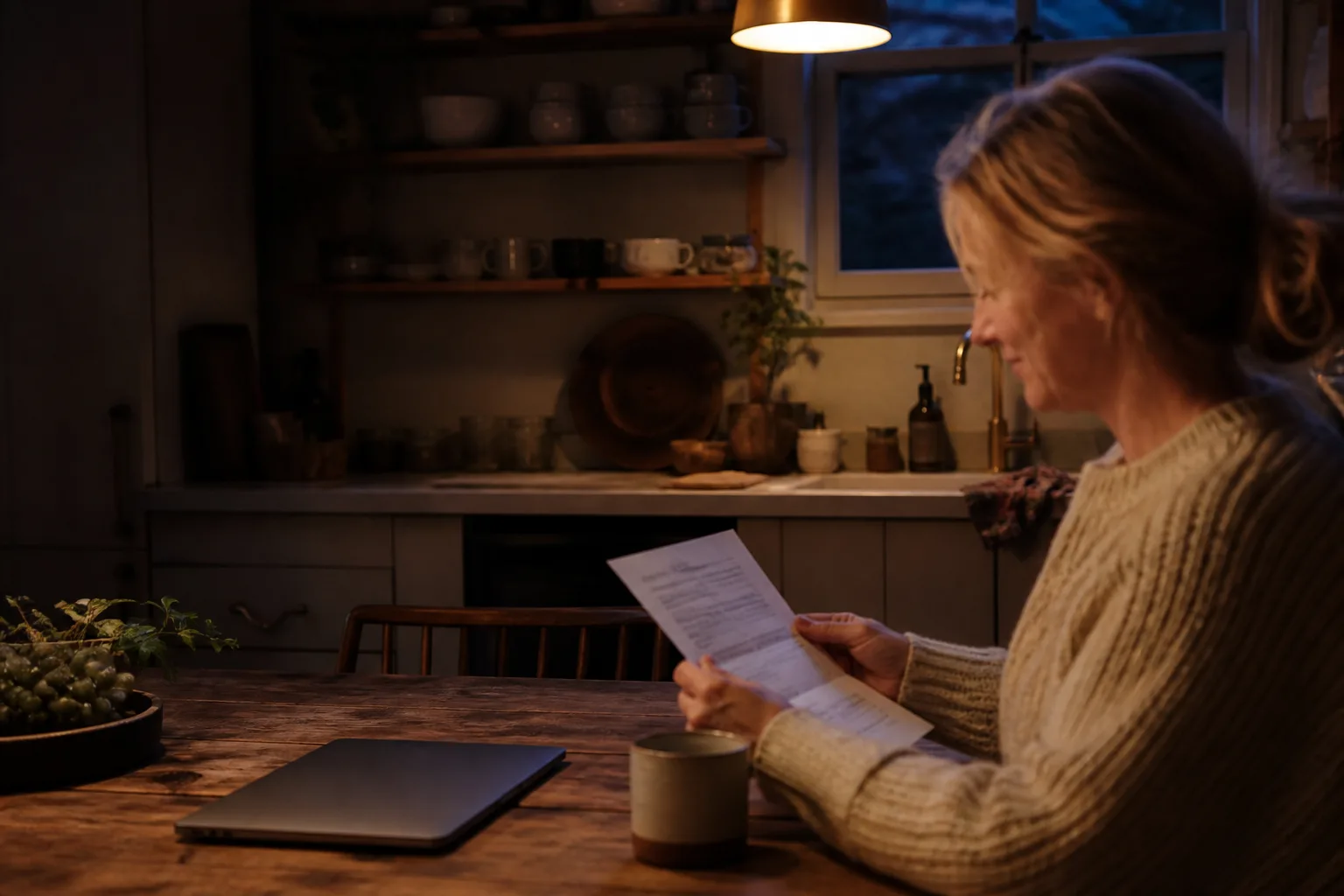A woman reading a letter at her kitchen table at night