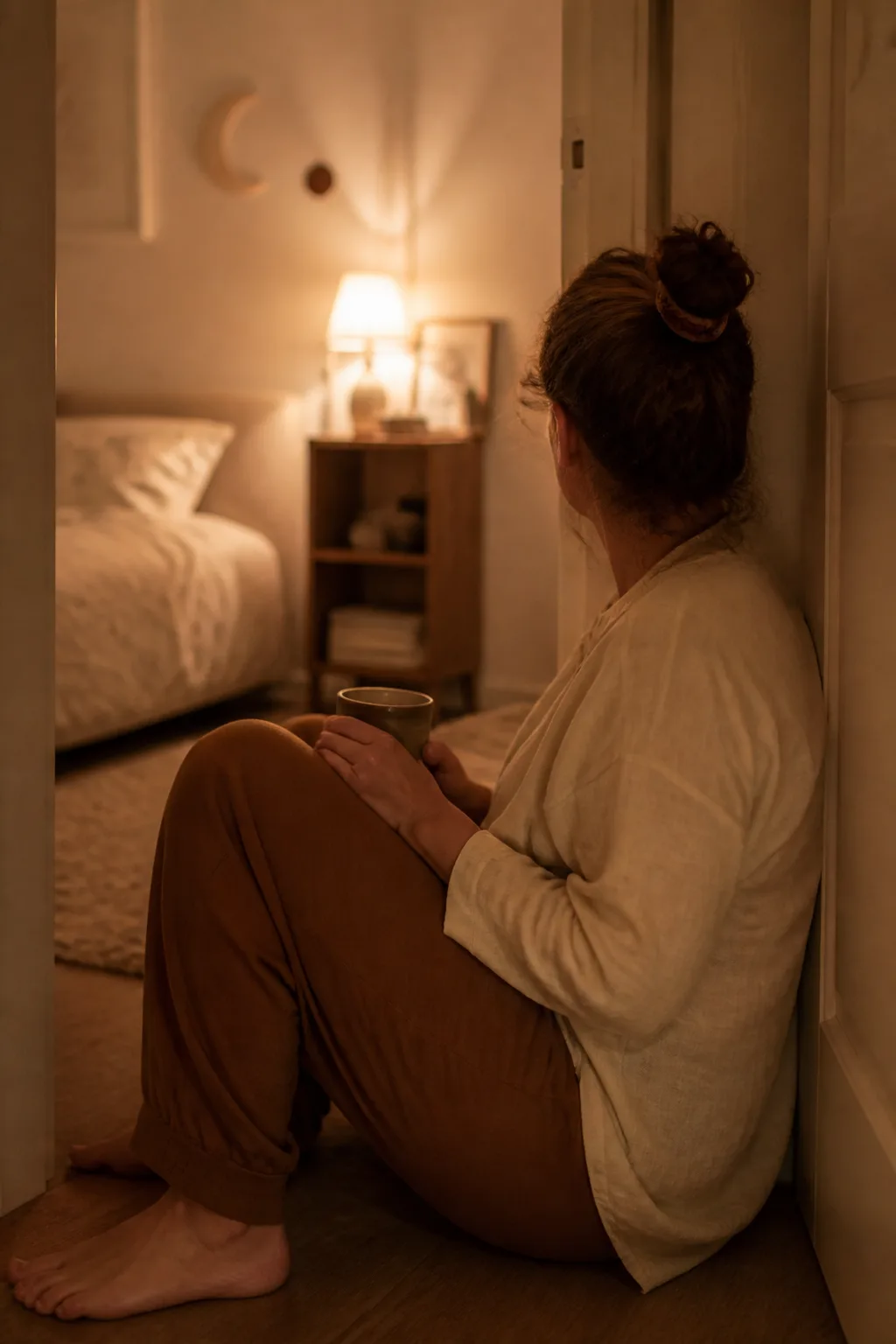 A woman taking a quiet pause with a cup of tea