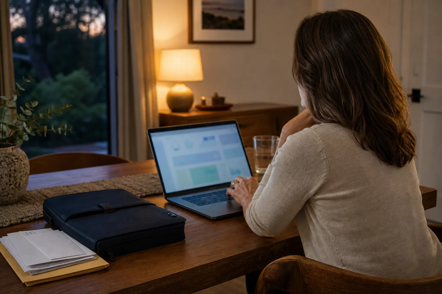 A woman using a laptop beside an organised folio and correspondence at home