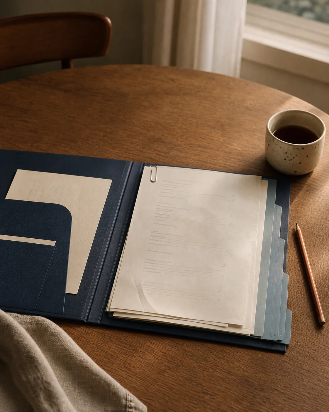 An open navy folio holding an ordered stack of correspondence